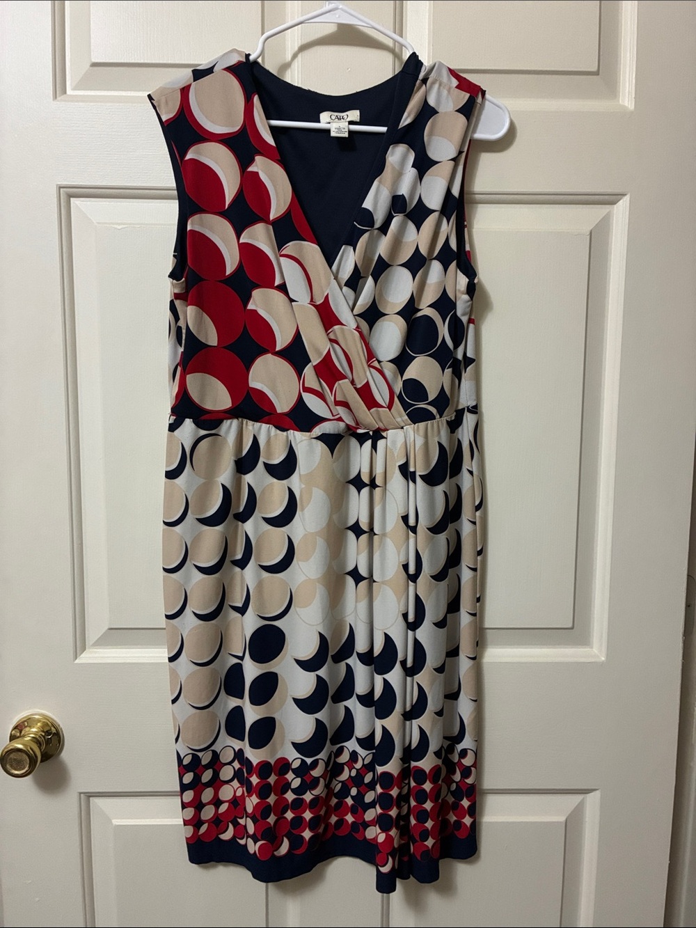 Cato Sleeveless Geo Circle Print Dress in Red, Navy & Cream